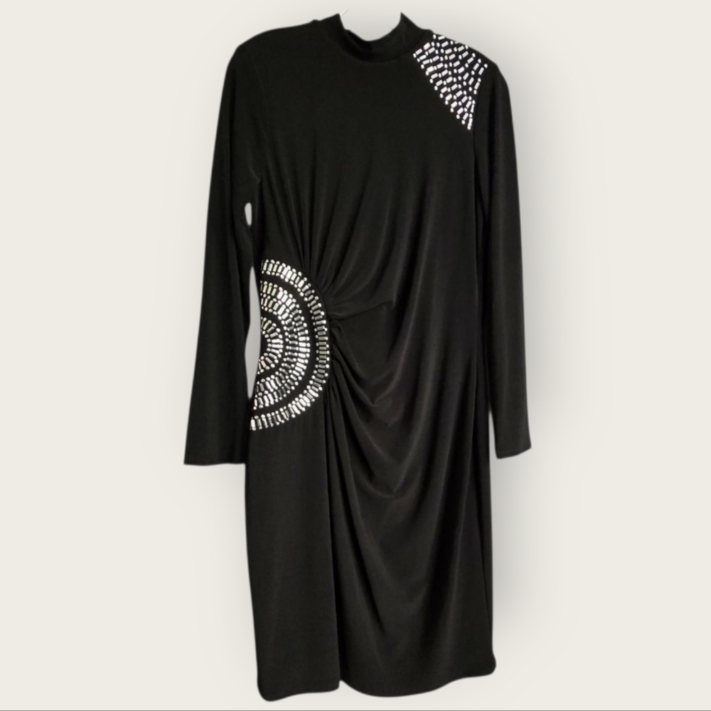 Frank Lyman Design Silver and Black Asymmetrical Ruched Midi Dress, Size 12